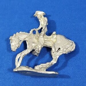 Cast Metal‎ Figurine Cowboy Rodeo Bronco Silver-tone Miniature Western Souvenir